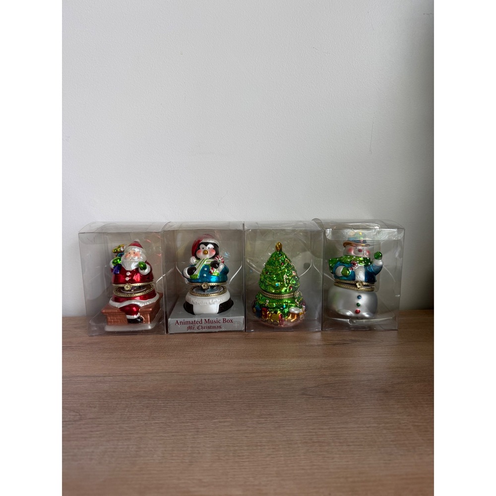 Set of 4 Mr. Christmas Animated Music Boxes Santa Penguin Tree Snowman 2006